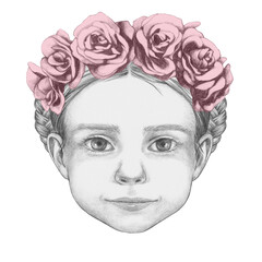 Portrait of Girl with floral head wreath. Hand-drawn illustration.