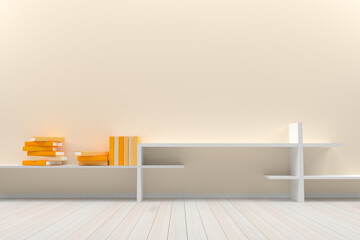 Empty interior oreang pastel  room with wooden floor and books, For display of your products.  - 3D render image.