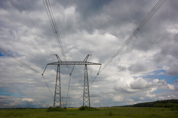high voltage wires lines on cloudscape background
