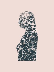 Face side view. Elegant silhouette of a female head. Vector Illustration. Long curly hair. Monochrome gamma. Grunge cracked texture avatar