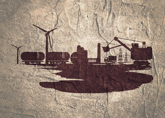 Energy and Power icons set and grunge brush stroke. Energy generation and heavy industry relative image. Grunge concrete texture