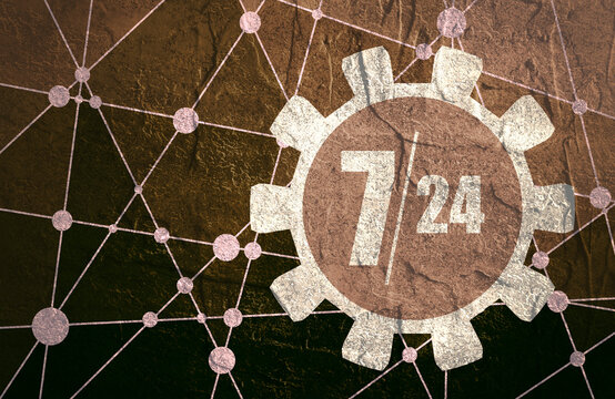 7 Day 24 Hours Time Operation Mode In Gears Icon. Molecule And Communication Background. Connected Lines With Dots. Concrete Grunge Texture