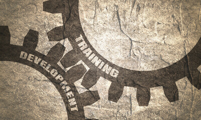 Training and Development text on the Mechanism of Gears. Communication Concept in Industrial Design. Modern brochure design template. Concrete grunge texture