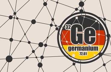 Germanium chemical element. Sign with atomic number and atomic weight. Chemical element of periodic table. Molecule And Communication Background. Connected lines with dots. Flag of Germany