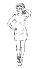 Hand drawn vector Woman in dress, sneakers. The girl goes and scratches her head. 