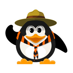 Young boy scout on white background. Little penguin scout with  hat and with a tie on a white background. Vector illustration