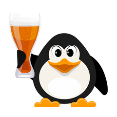 Obraz premium Cartoon style penguin with a glass of beer on a white background. Vector illustration