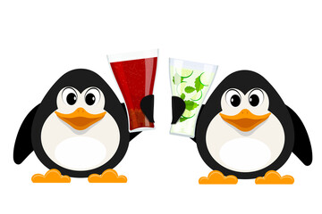 Two small penguins with cola glasses and non-alcoholic mojito. Cartoon style abstract animals with drinks. Vector illustration