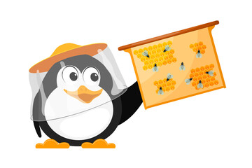 Bee-eater with bees honeycombs on a white background. The cartoon style of the young penguin works on the apiary. Vector illustration