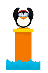 Cartoon colored illustration of a young penguin jumper in the water from a tower. A little penguin child in competitions before jumping. Vector illustration