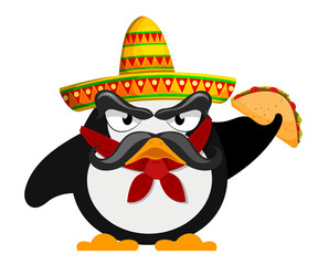 penguin with sombrero and a taco. Mexican style. Cartoon vector illustration