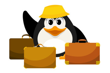 Young penguin in a yellow panama with three suitcases on a white background. Cartoon illustration of the beginning of the journey. Concept of summer holidays. Vector illustration