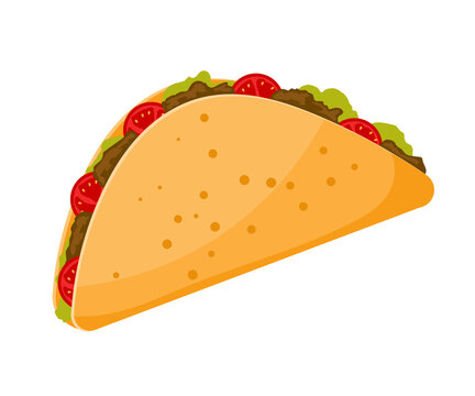 Traditional Mexican food is taco. Cartoon image of a taco on a white background. Vector illustration.