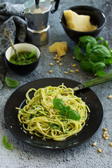 Spaghetti with homemade pesto sauce.