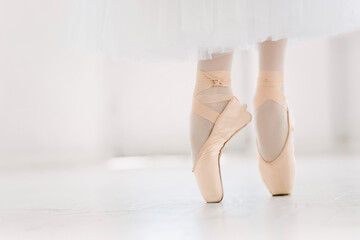 Young ballerina, closeup on legs and shoes, standing in pointe position.