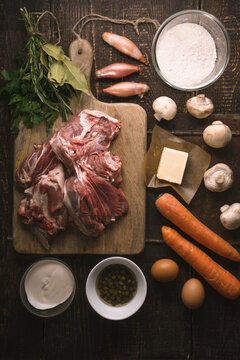 Ingredients for blanquette on the wooden table top view