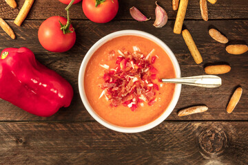 Spanish gazpacho soup with ingredients and copy space