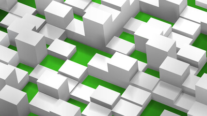 Abstract background of cubes and parallelepipeds, white on green