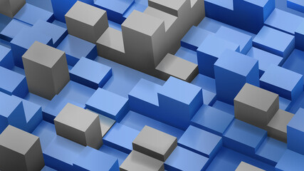 Abstract background of cubes and parallelepipeds in blue and gray colors