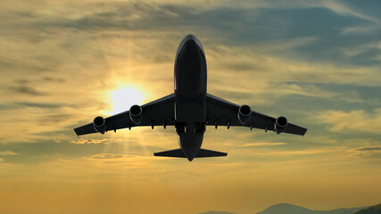 Fototapeta na wymiar Under Landing Airplane at Sunset