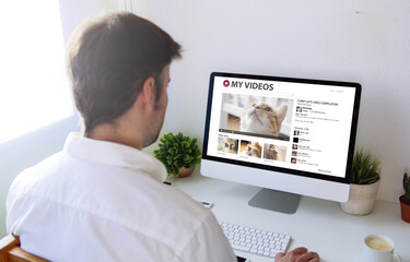 man viewing cats videoson computer - obrazy, fototapety, plakaty