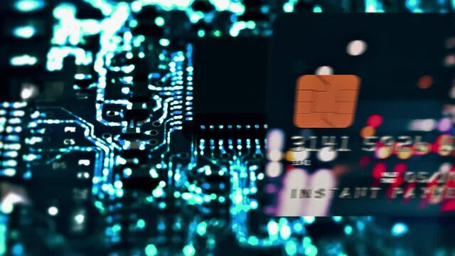 Bank Card / Instant Payment / Circuit Board. Bank plastic card with caption "Instant payment" flies over circuit board with illuminated electrical signals flowing in electrical conductors.