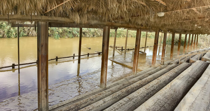 Panorama of Baptismal site Qasr el Yahud on the Jordan river near Yericho is according to the bible the place where Jesus Christ is being baptized by John the baptist