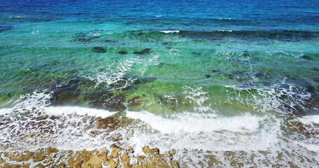 clear water of the Mediterranean Sea. Drone Point of View. 