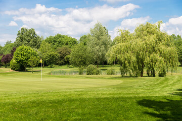 Golf course with flag on green and trees