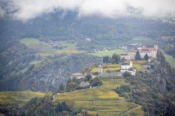 View of Sabiona Monastery and its vineyards. Chiusa, Val d'Isarco, Bolzano, Trentino Alto Adige - Sudtirol, Italy, Europe.