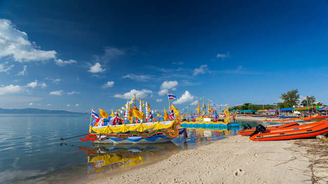 Chak Phra Festival is boat with symbol gracefully. Join the parade with the public annually. at Koh Phangan, Thailand