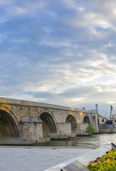 famous Stone bridge in Skopje, Macedonia at sunset, sunrise
