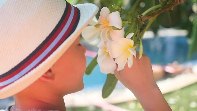 guy enjoying the scent of flowering tropical trees.Plumeria