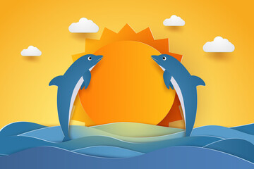 Summer time , happy dolphins jumping in sea waves , paper art style