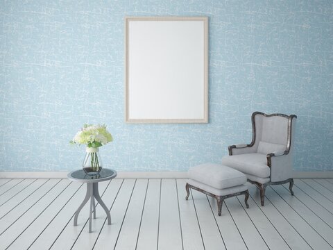 Mock up a retro living room with a classic armchair and blue wallpaper.