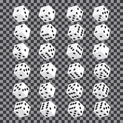 A set of isometric dice. Twenty-four variants loss dice on transparent background. Vector illustration.