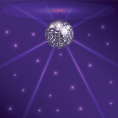 Purple background of disco. A glittering pattern with a disco ball. Vector illustration.