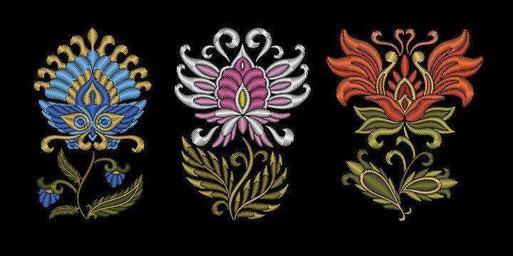 Embroidery design. Collection of floral elements for fabric and textile prints, patches or stickers. Beautiful ethnic flowers ornament in traditional Ukrainian decorative painting style of Petrykivka.