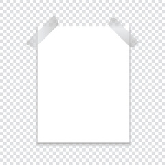 A sheet of paper attached with an adhesive tape with a shadow on a transparent background. Template for your project. Vector illustration.