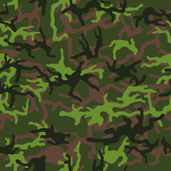 Fototapeta premium Green camouflage pattern background. Seamless green camouflage. Classic green army clothing style. Forest masking camo. Green brown black olive colors, military texture. Vector. 