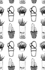 Cacti in the potties. Repeated pattern. Seamless texture.  It can be used as wallpaper, printing, wrapping, fabric or background for your blog and your design.