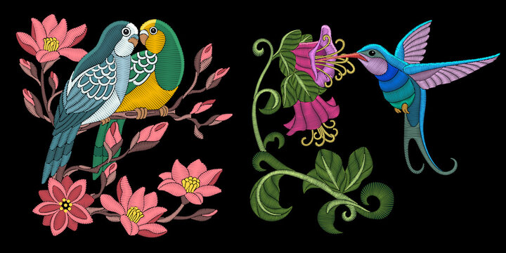 Embroidery bird designs. Budgerigar parrots on blooming apple tree branch. Hummingbird and hibiscus flowers. Collection of quilted elements for patches and stickers.