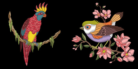 Embroidery design. Collection of embroidered artwork elements for fabric and textile prints, patches, stickers. Set of pink cockatoo parrot and sparrow bird sitting on cherry blossoming tree branch.