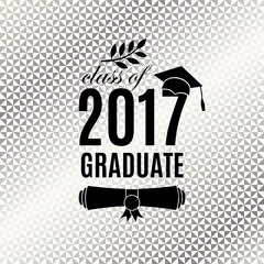 Graduate 2017 class of greeting card with hat, scroll and laurel for invitation, banner, poster, postcard. Vector illustration on triangle silver background
