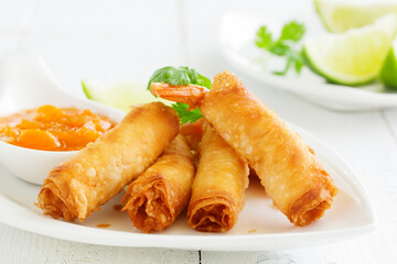 Spring rolls with shrimp with sweet chili sauce. Asian cuisine.