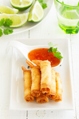Spring rolls with shrimp with sweet chili sauce. Asian cuisine.