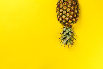 Half slice of beautiful fresh appetizing tasty pineapple on yellow bright background. Top View....