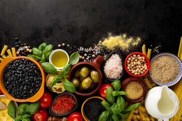 Fototapeta na wymiar Food background Food Concept with Various Tasty Fresh Ingredients for Cooking. Italian Food Ingredients. View from Above with Copy Space.