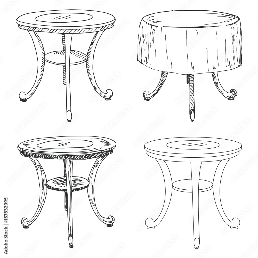 Poster sketch set isolated furniture. different tables. linear black tables on a white background. vector i