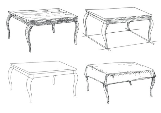 Sketch set isolated furniture. Different tables. Linear black tables on a white background. Vector illustration.